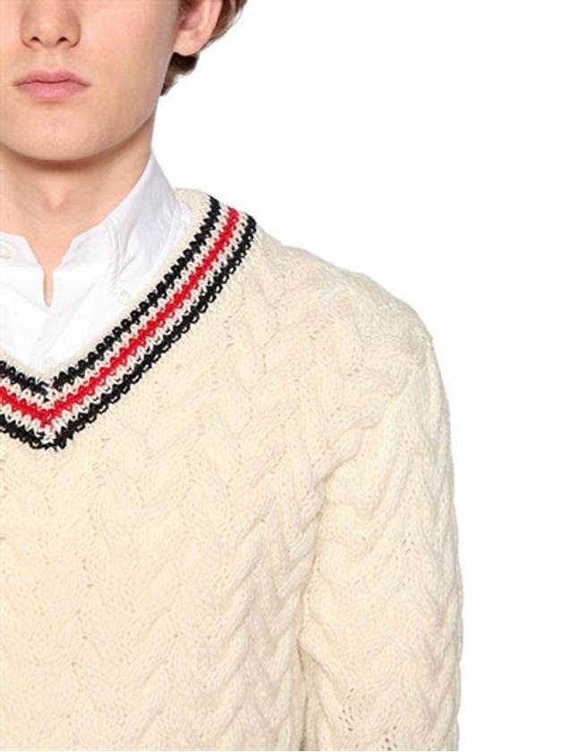 Men's V-neck Wool Knit Top Offwhite - THOM BROWNE - BALAAN 3