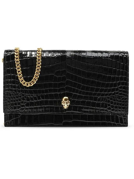 Gold Plated Skull Crocodile Leather Medium Shoulder Bag Black - ALEXANDER MCQUEEN - BALAAN.