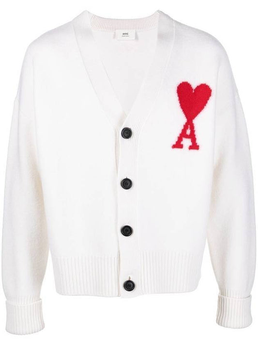 Big Heart Logo Wool Cardigan White - AMI - BALAAN.