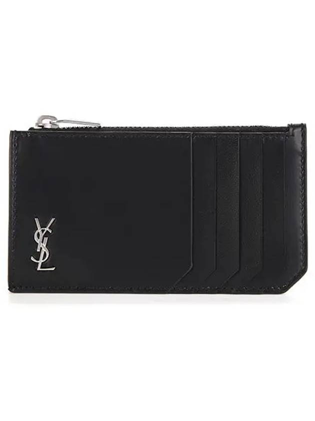 Tiny Cassandre Fragments Silver Hardware Leather Zipper Card Wallet Black - SAINT LAURENT - BALAAN 2