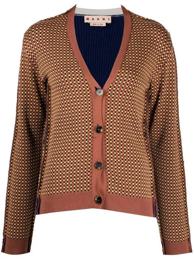 V-Neck Button Wool Cardigan Brown Blue - MARNI - BALAAN 1