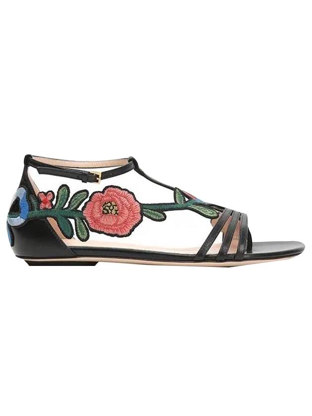 Women's Embroidered Flower Embroidered Strap Sandals Black - GUCCI - BALAAN.