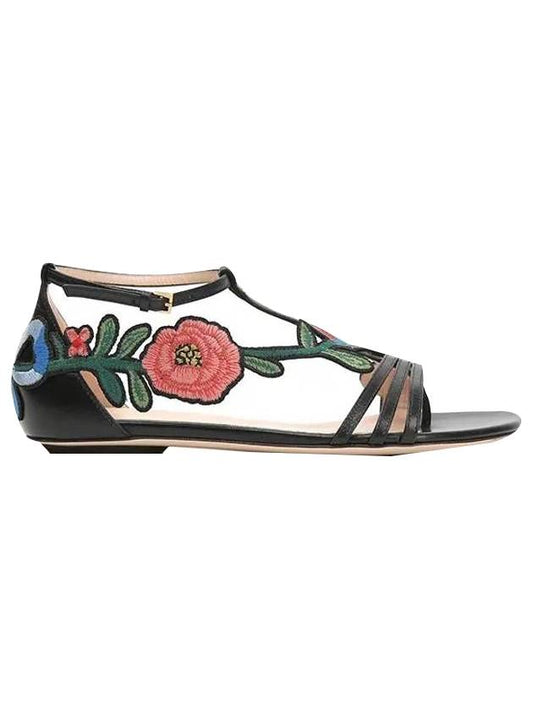 Women's Embroidered Flower Embroidered Strap Sandals Black - GUCCI - BALAAN.