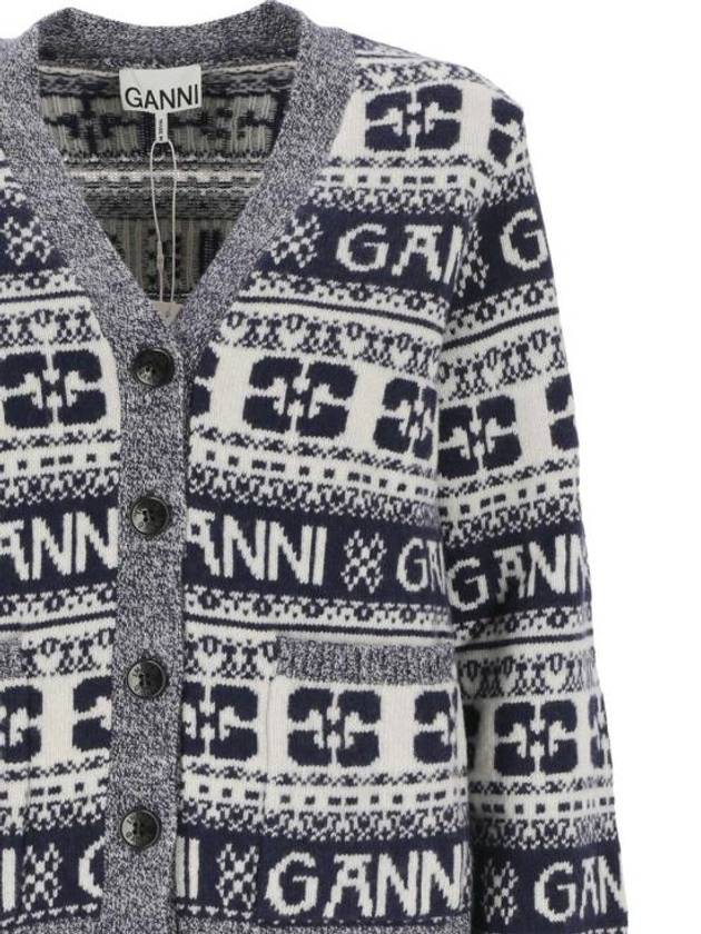 logo wool mix jacquard cardigan blue - GANNI - BALAAN 3