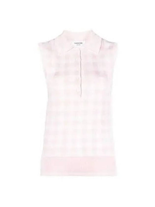 Gingham Silk Jacquard 4 Bar Polo Sleeveless Cardigan Pink - THOM BROWNE - BALAAN 2