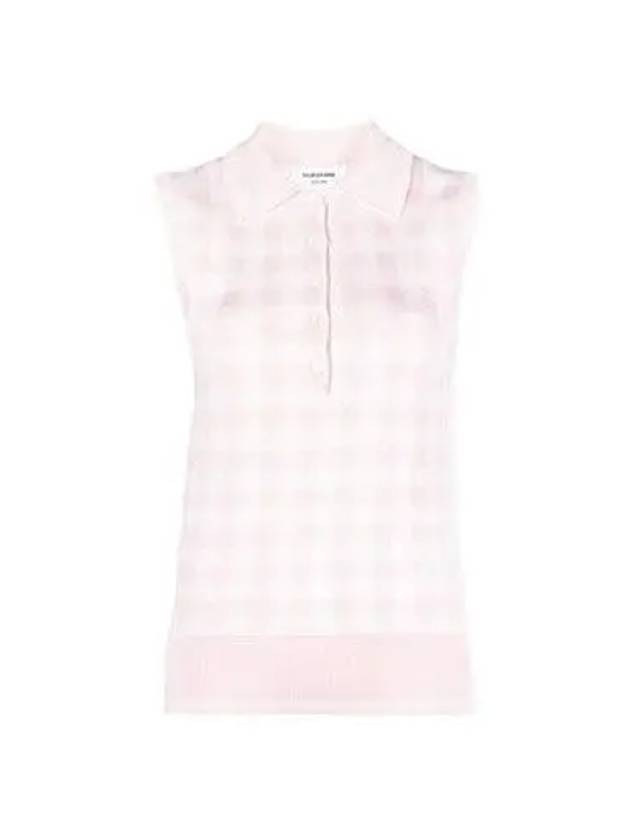 Gingham Silk Jacquard 4 Bar Polo Sleeveless Cardigan Pink - THOM BROWNE - BALAAN 2