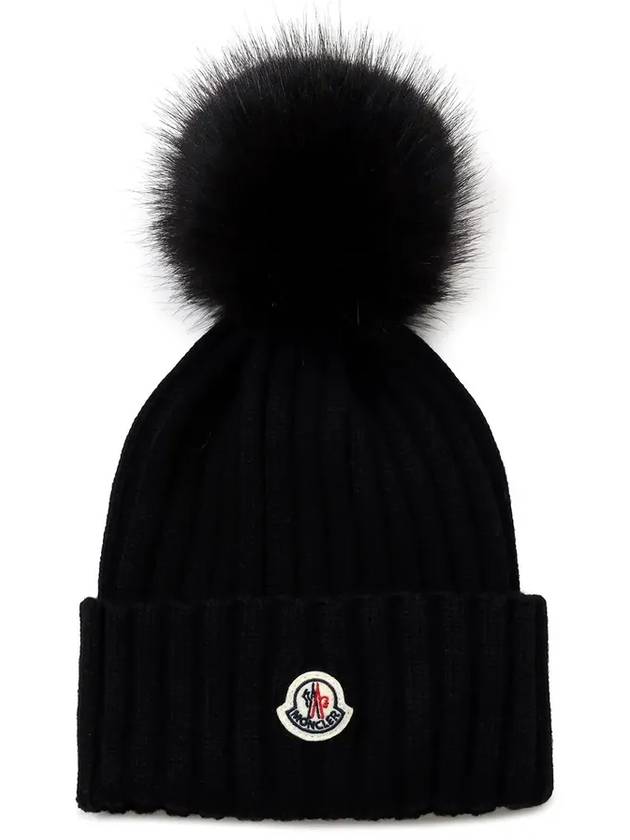 Logo Patch Wool Rib Knit Beanie Black - MONCLER - BALAAN.