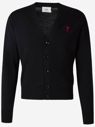 Red Heart Logo Merino Wool Cardigan Black - AMI - BALAAN 2