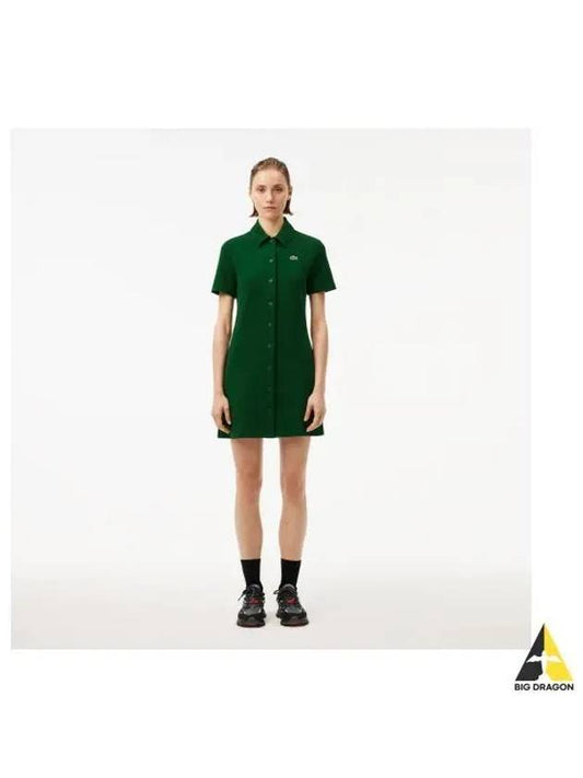 Women s Button Up Double Face Pique Polo Dress Green - LACOSTE - BALAAN 1