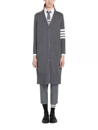 Cotton Crepe Milano Stitch 4-Bar Long V-Neck Cardigan Medium Grey - THOM BROWNE - BALAAN 2