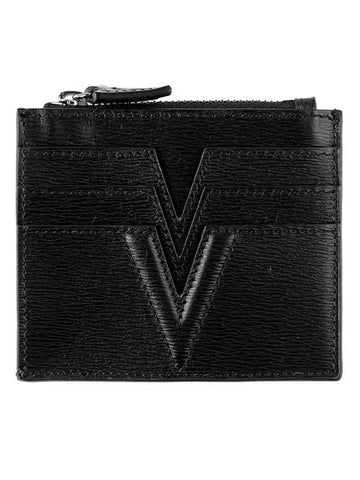 V Leather Card Wallet Black - VERSACE - BALAAN.