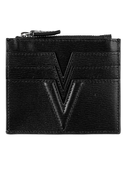 V Leather Card Wallet Black - VERSACE - BALAAN.