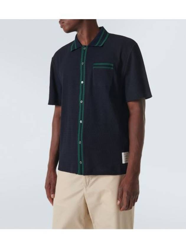 Pointelle Striped Racking Stitch Cotton Short Sleeve Shirt Navy - THOM BROWNE - BALAAN 3