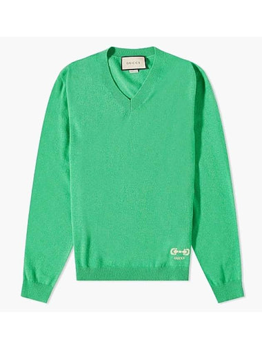 Men's Cashmere Embroidered Logo V-Neck Knit Top Green - GUCCI - BALAAN 1