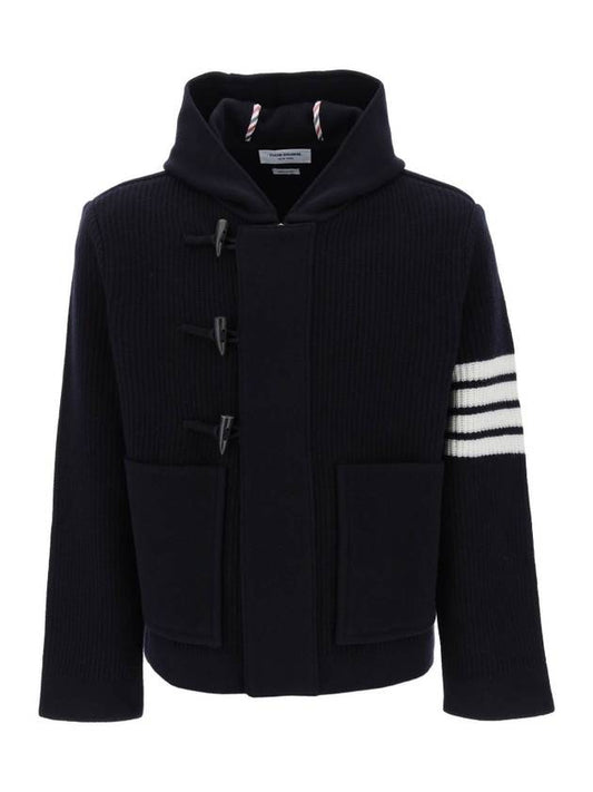 Boiled Wool Half Cardigan Stitched Hooded 4 Bar Double Jacket Navy - THOM BROWNE - BALAAN 2