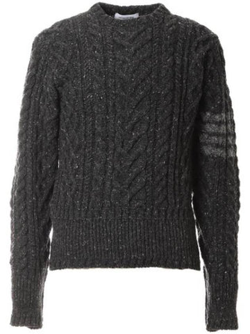 Men's Aran Cable Diagonal Armband Classic Crew Neck Knit Top Dark Grey - THOM BROWNE - BALAAN 1