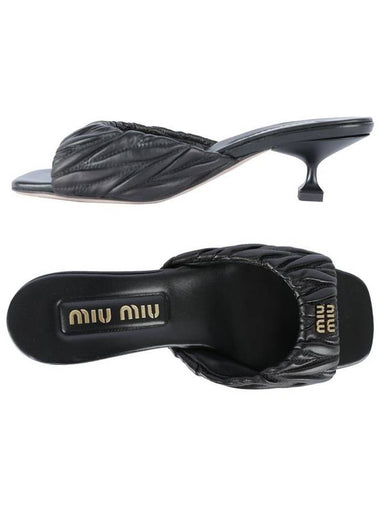 Logo Matelasse Nappa Leather Sandals Heel Black - MIU MIU - BALAAN 1