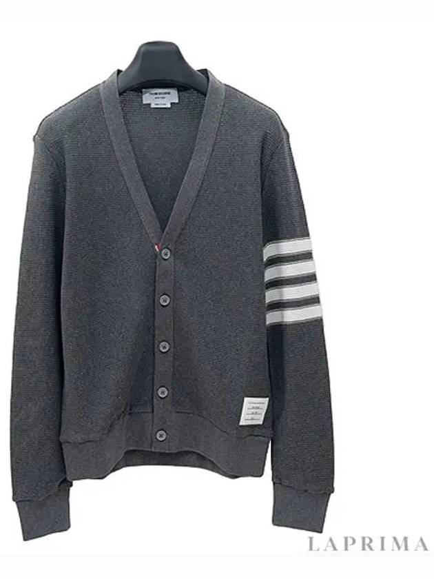 4 Bar Open Raschel Stitch V Neck Cardigan Grey - THOM BROWNE - BALAAN 5