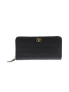 Zip Round V Logo Leather Long Wallet Black - VALENTINO - BALAAN 1