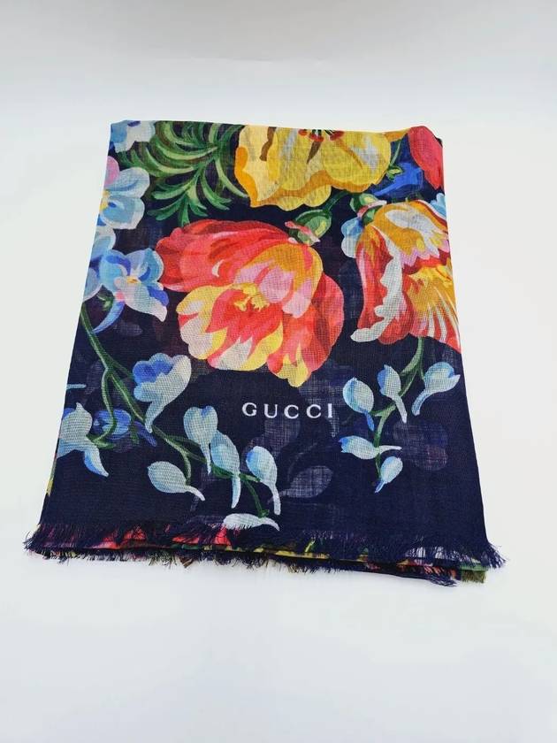 Flower Print Wool Muffler Navy - GUCCI - BALAAN 3