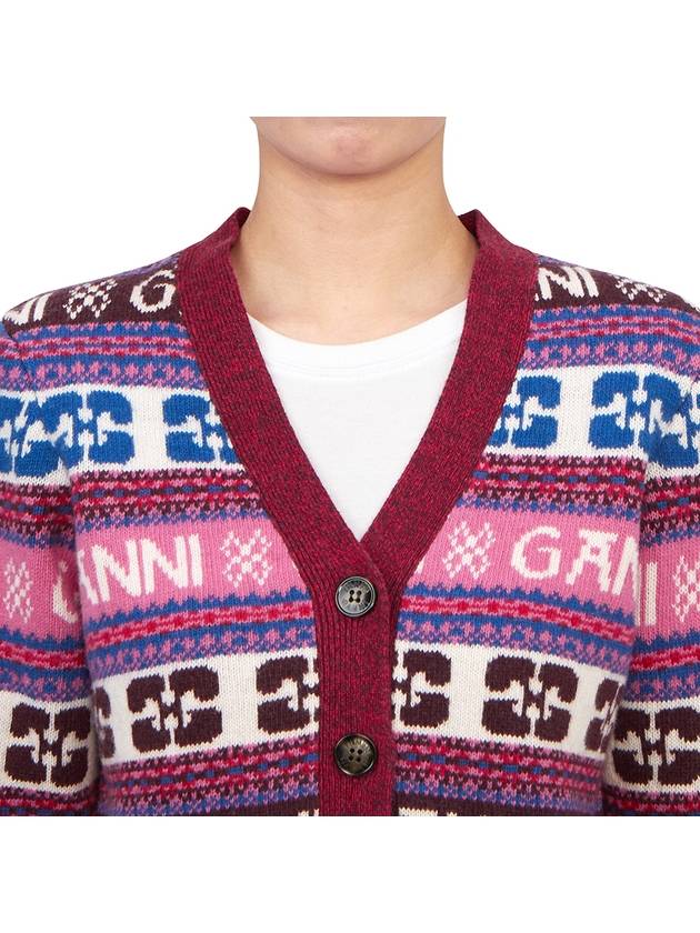 Intarsia Logo V-Neck Wool Mix Cardigan Pink - GANNI - BALAAN 6