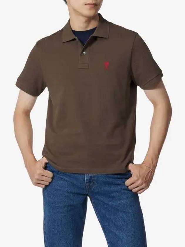 Men's Heart Logo Polo Shirt Brown - AMI - BALAAN 2