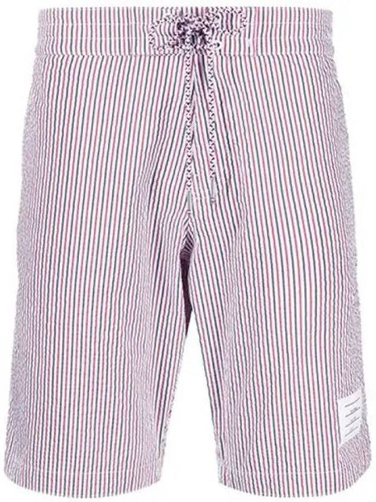 Men's Seersucker 4 Bar Drawstring Board Swim Shorts White - THOM BROWNE - BALAAN 2