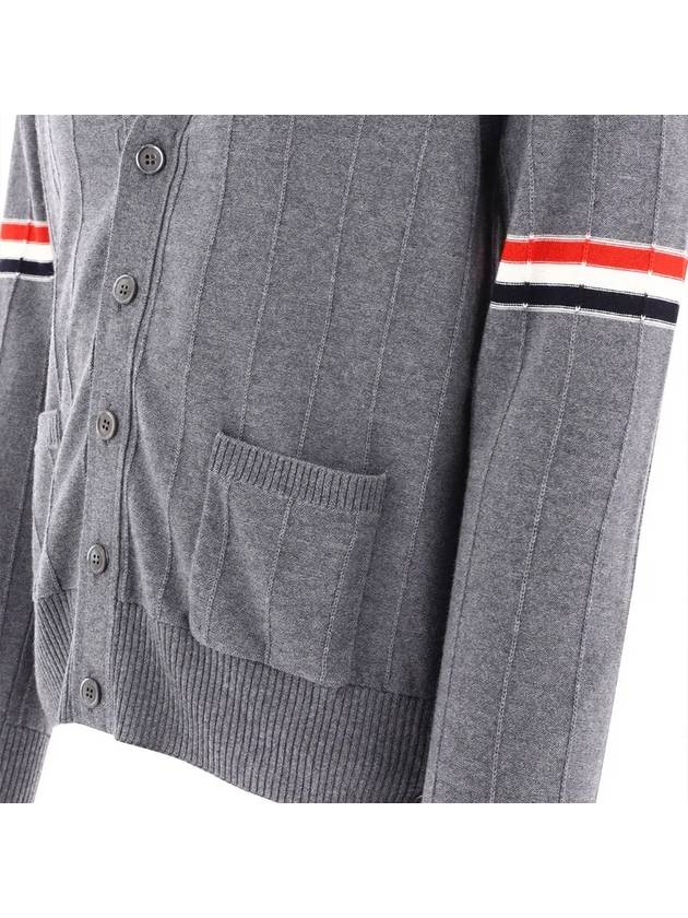 RWB V-neck Striped Virgin Wool Cardigan Grey - THOM BROWNE - BALAAN 5