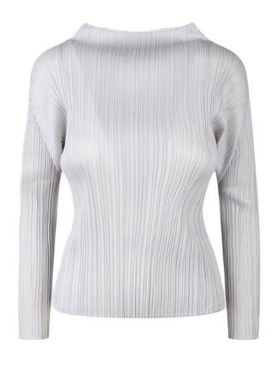 Basic Pleated Mock Neck Long Sleeve T-Shirt Light Grey - ISSEY MIYAKE - BALAAN 2