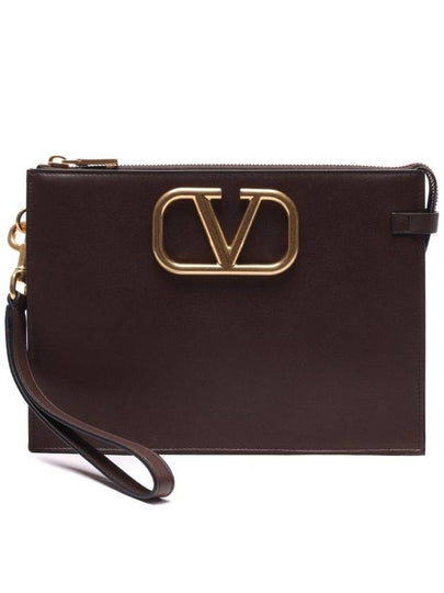 V Logo Signature Clutch Bag Brown - VALENTINO - BALAAN 2