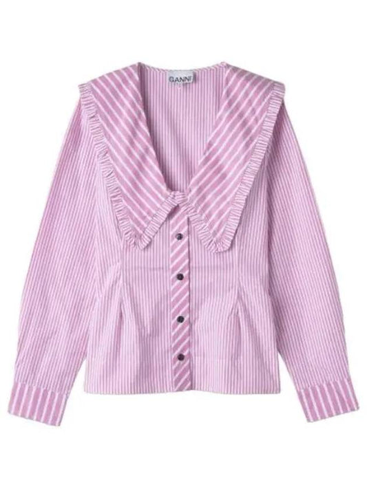 Striped V neck frill wide collar shirt pink - GANNI - BALAAN 1