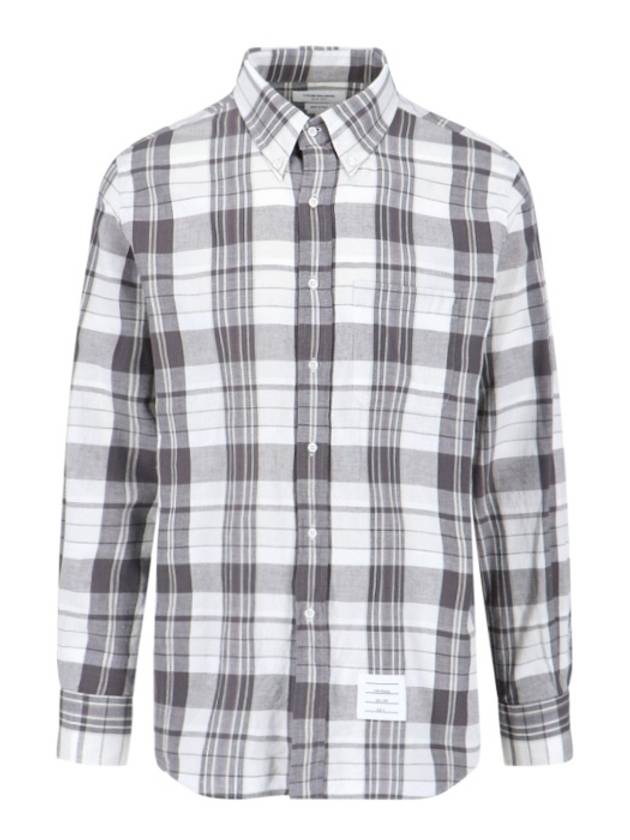 Men's Madras Straight Fit Cotton Long Sleeve Shirt Medium Grey - THOM BROWNE - BALAAN 2