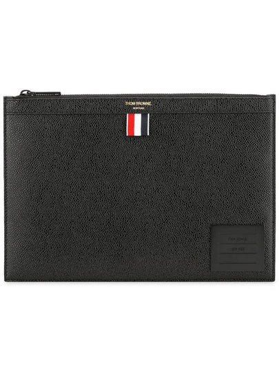 Pebble Grain Leather Diagonal Brass Label Medium Clutch Bag Black - THOM BROWNE - BALAAN 2