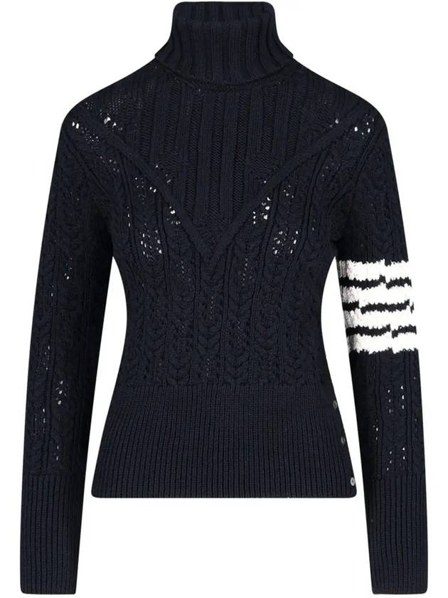 Women's 4 Bar Irish Pointelle Cable Merino Wool Turtleneck Navy - THOM BROWNE - BALAAN 2