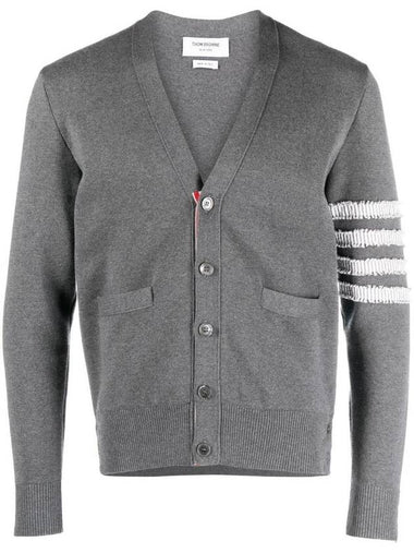 4-Bar V-Neck Milan Seersucker Cardigan Medium Grey - THOM BROWNE - BALAAN 1