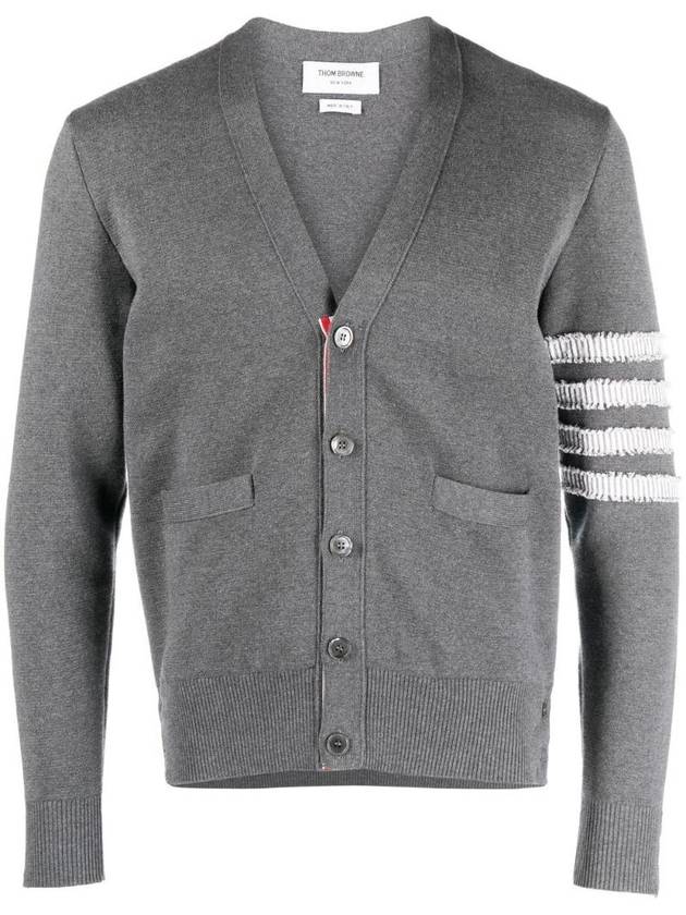 4-Bar V-Neck Milan Seersucker Cardigan Medium Grey - THOM BROWNE - BALAAN 1