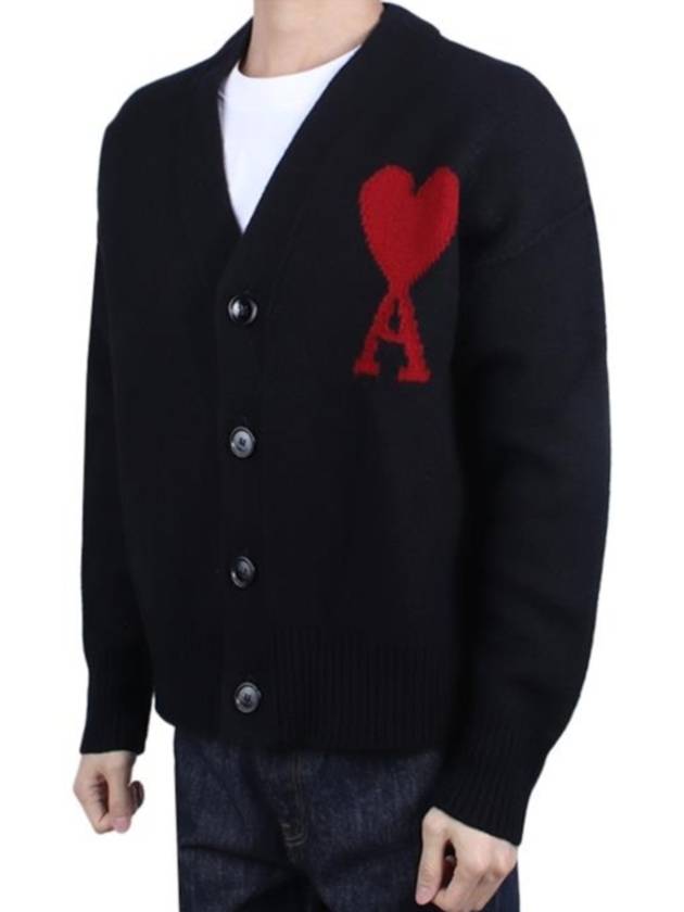 Heart Logo V Neck Wool Cardigan Black - AMI - BALAAN 5