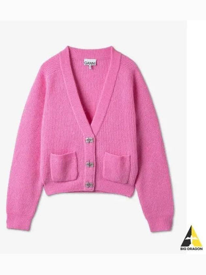 V-Neck Button Alpaca Wool Cardigan Pink - GANNI - BALAAN 2