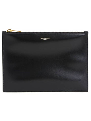 Logo Medium Leather Clutch Bag Black - SAINT LAURENT - BALAAN 1