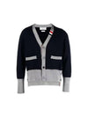 Three Stripe V Neck Cotton Cardigan Navy - THOM BROWNE - BALAAN 2