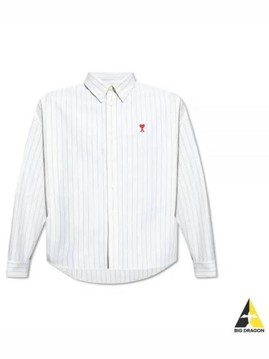 Small Heart Logo Stripe Boxy Fit Long Sleeve Shirt Chalk - AMI - BALAAN 2