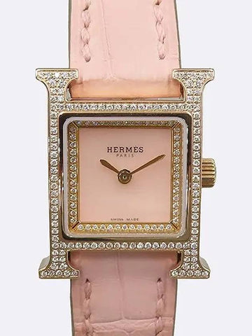 HH1 174 Rose Gold Diamond Setting H Hour Pink Alligator Leather Band Women s Watch - HERMES - BALAAN 1