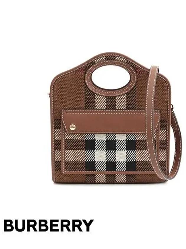 Mini Knit Check Leather Pocket Tote Bag Brown - BURBERRY - BALAAN 2