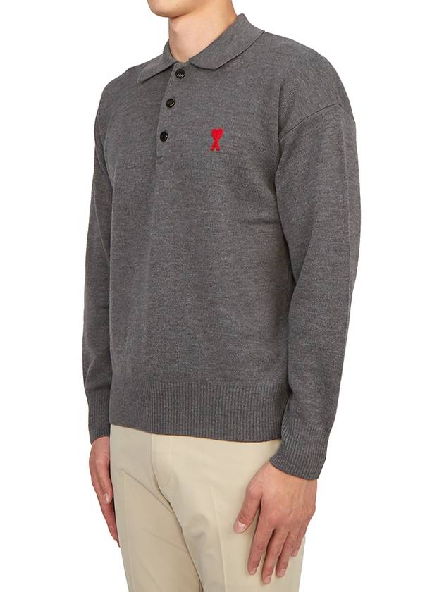 Small Heart Extra Fine Merino Wool Polo Shirt Grey - AMI - BALAAN 3