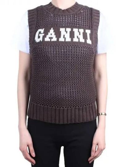 Logo Crochet Vest Knit Top Brown - GANNI - BALAAN 2