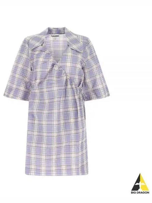 Seersucker check mini dress purple F7218 - GANNI - BALAAN 1