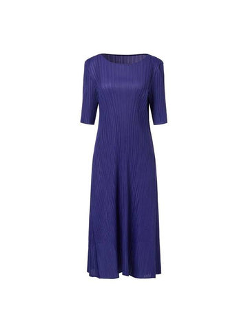 Women's Short Sleeve Round Neck Flare Pleated Dress Blue - MONPLISSE - BALAAN 1