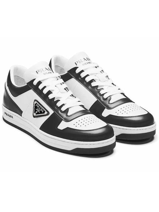 Men's Downtown Triangle Logo Leather Low Top Sneakers White Black - PRADA - BALAAN 2