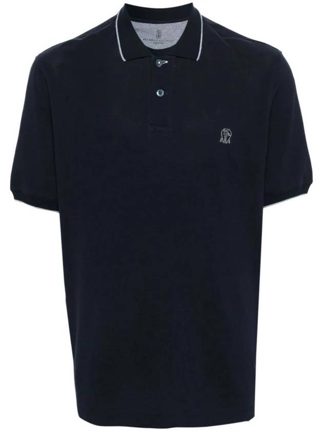 Logo Embroidered Short Sleeve Polo Shirt Navy - BRUNELLO CUCINELLI - BALAAN 1