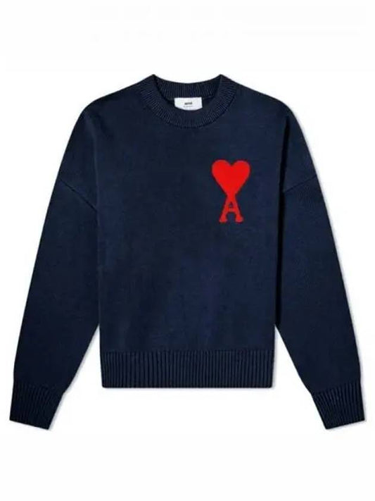 Embroidered Big Heart Oversized Fit Knit Top Navy - AMI - BALAAN 2